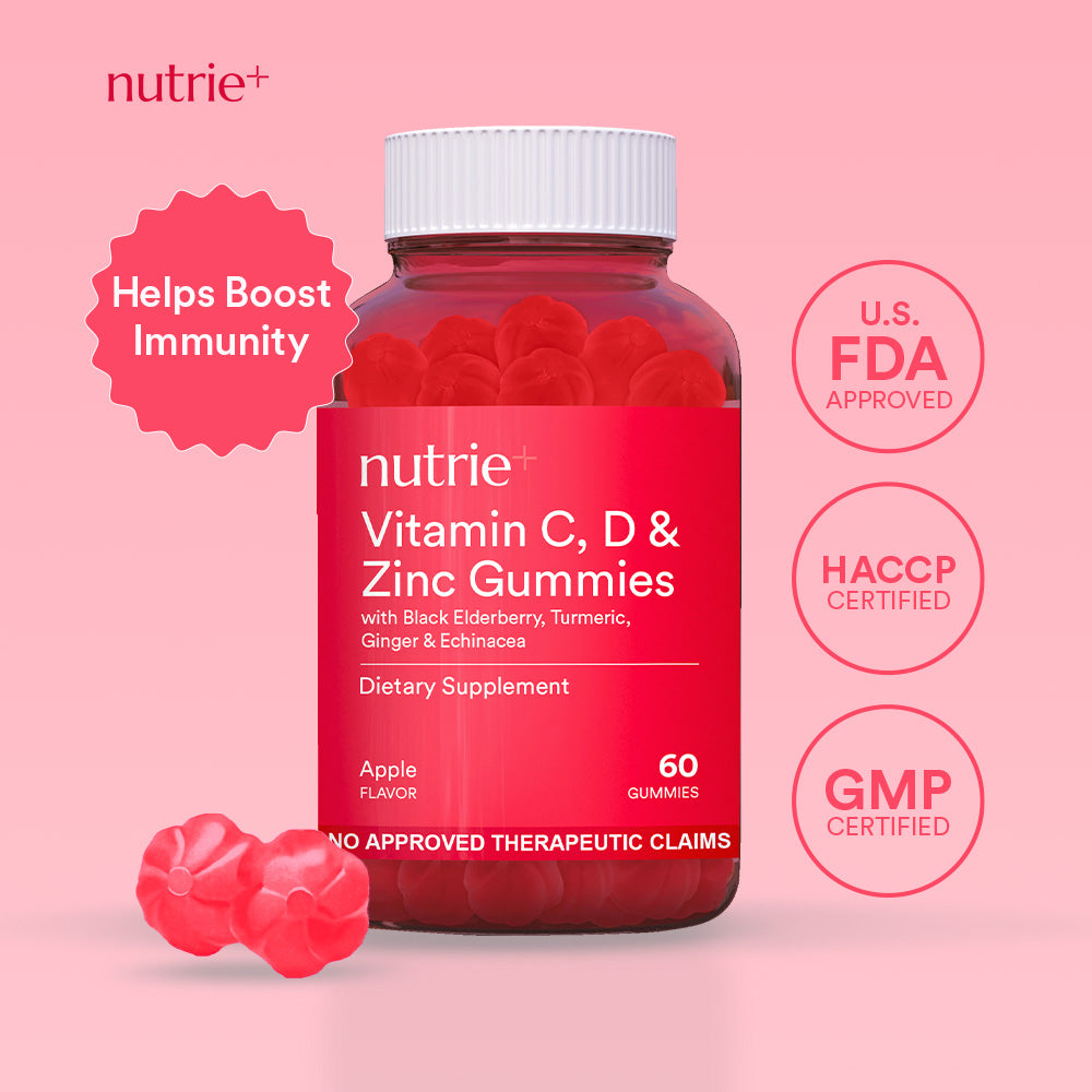 Nutrie Vitamin C, D and Zinc Gummies with Black Elderberry Extract and Botanical Blend (Triple Immunity Supplement)